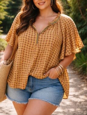 Max Studio Plus Size Boho Geometric Blouse Yellow Red Diamond Print Flowy